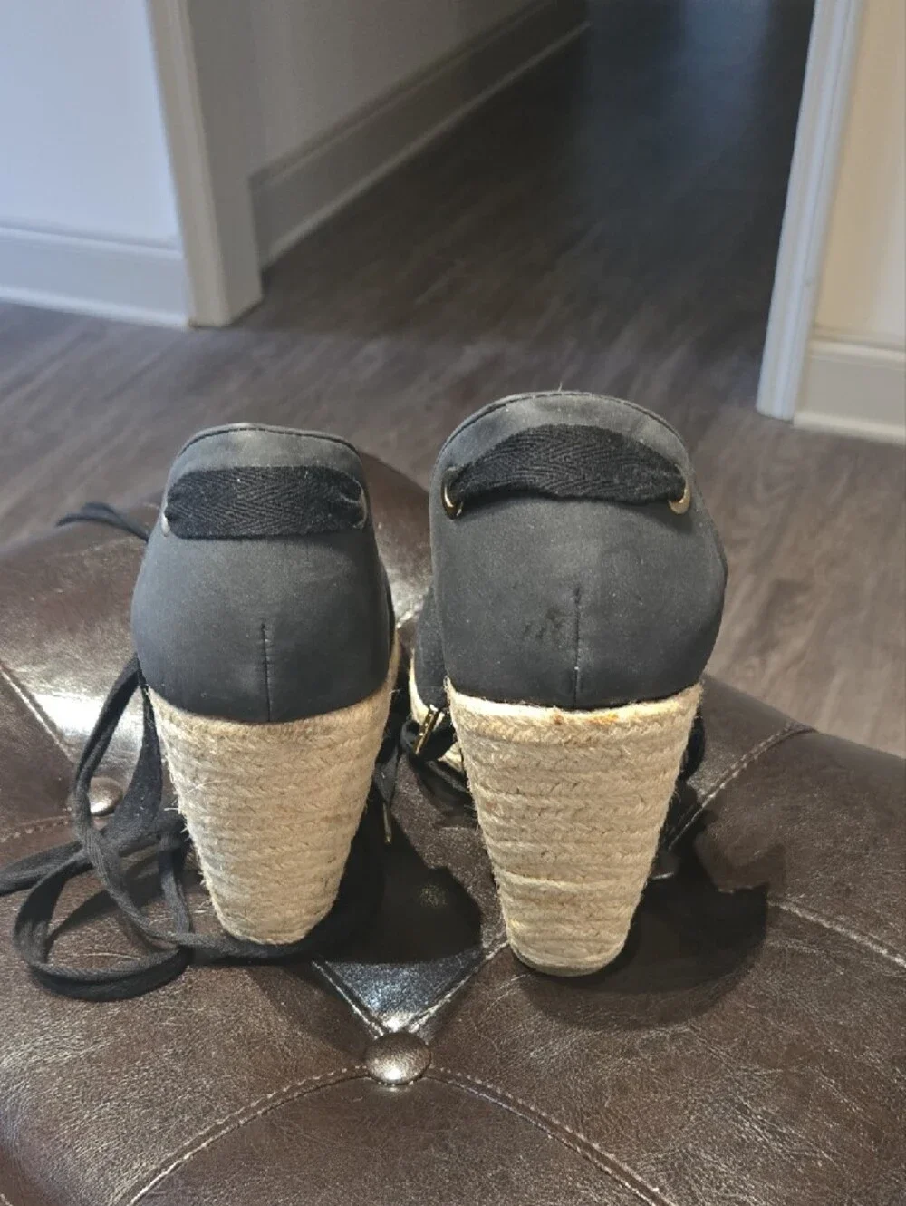 Shoe Dazzle Black Espadrille Wedge Ankle Tie Sandals